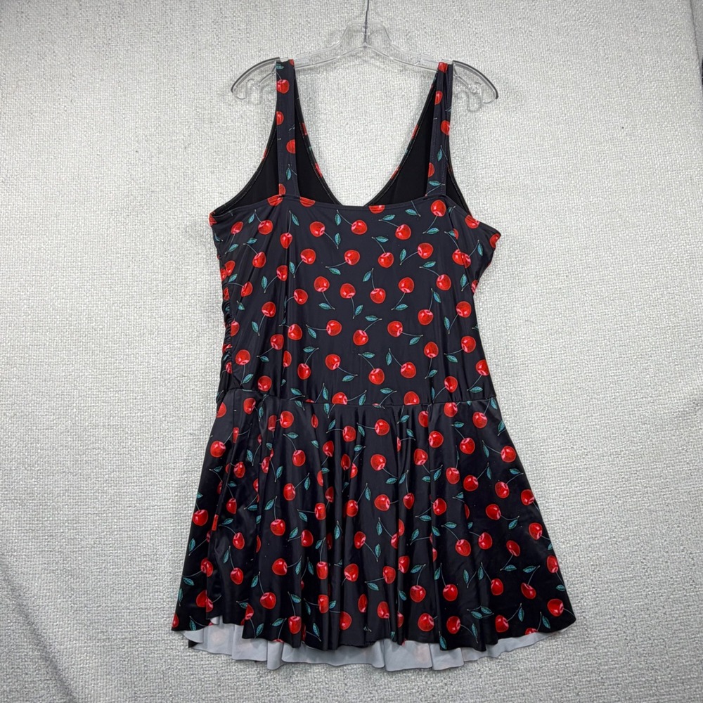 Cherry Print V-Neck Ruched Swimdress Black Red Retro One Piece Swimsuit - Picture 5 of 8